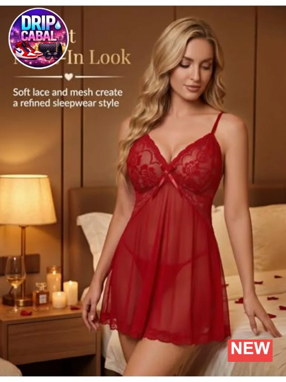 Soft Lace Mesh Babydoll Chemise with G String Wireless Flowy Design Boudoir